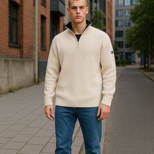 Tommy Hilfiger Men's Beige Half-Zip Knit Sweater‎ Size M